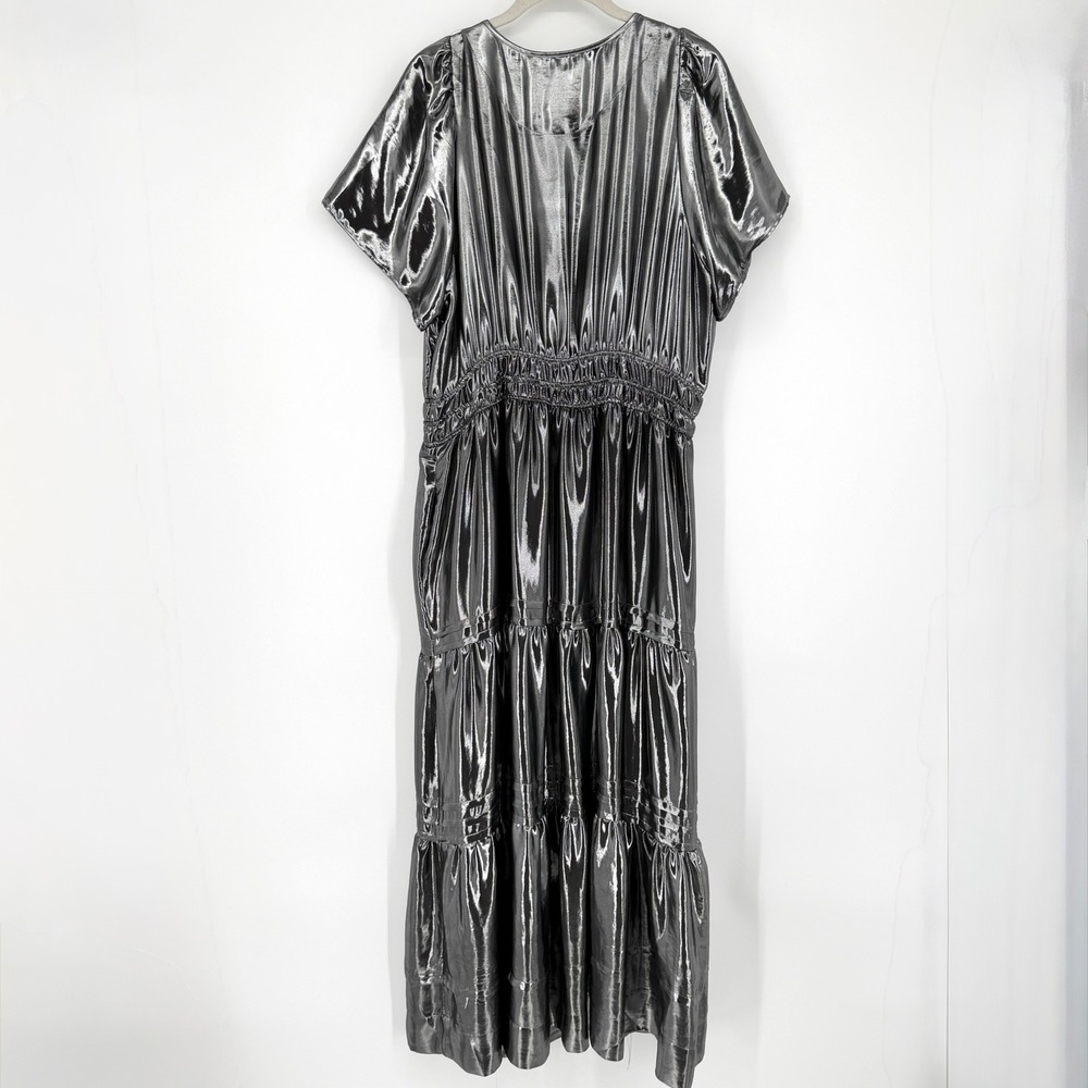 Anthropologie Somerset Maxi Dress Shine Metallic Silver Tiered Pockets 1X - Picture 6 of 16